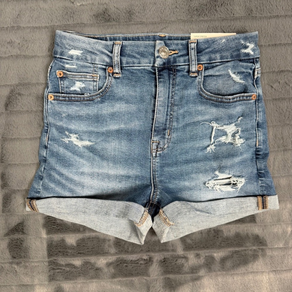 American Eagle Curvy Hi-Rise Shortie Distressed Denim Shorts Blue Size 2 26W